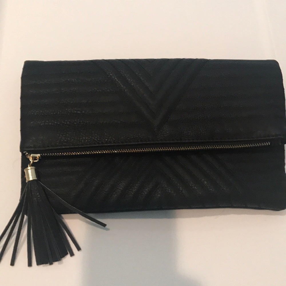 Black Foldover Clutch Bag With Tassel